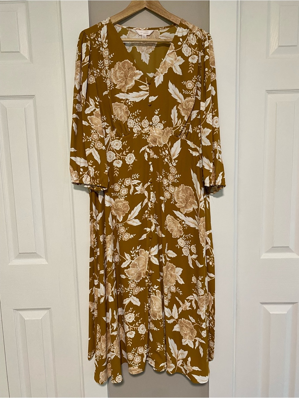 LC Lauren Conrad Mustard Floral Midi Dress with Cream Print